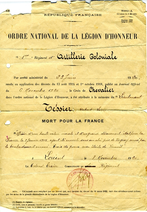 Ordre national de la le gion d honneur croix de chevalier attribue e au lieutenant tessier