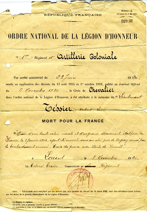 Ordre national de la légion d'honneur croix de chevalier attribuée au lieutenant Tessier