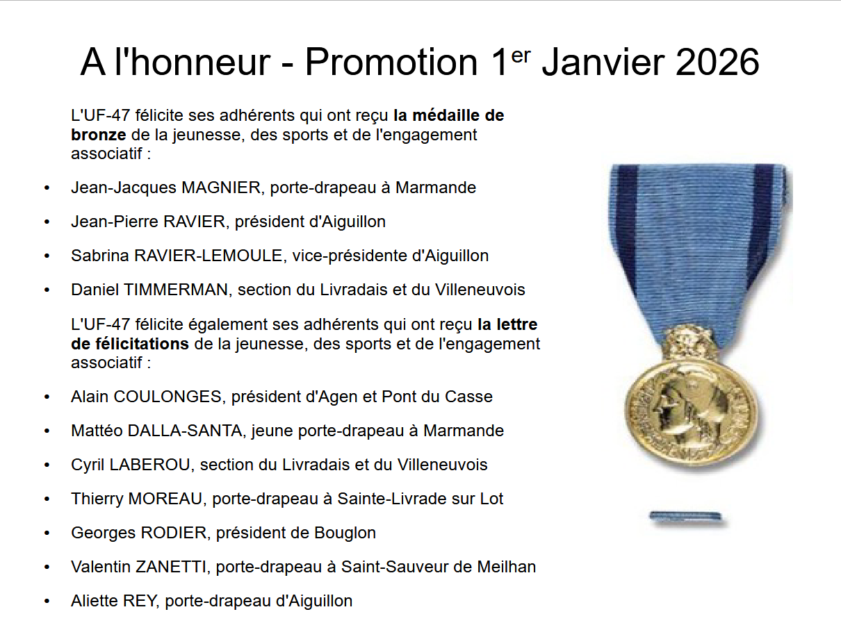Promotion 1er janvier 2026 medaille de bronze
