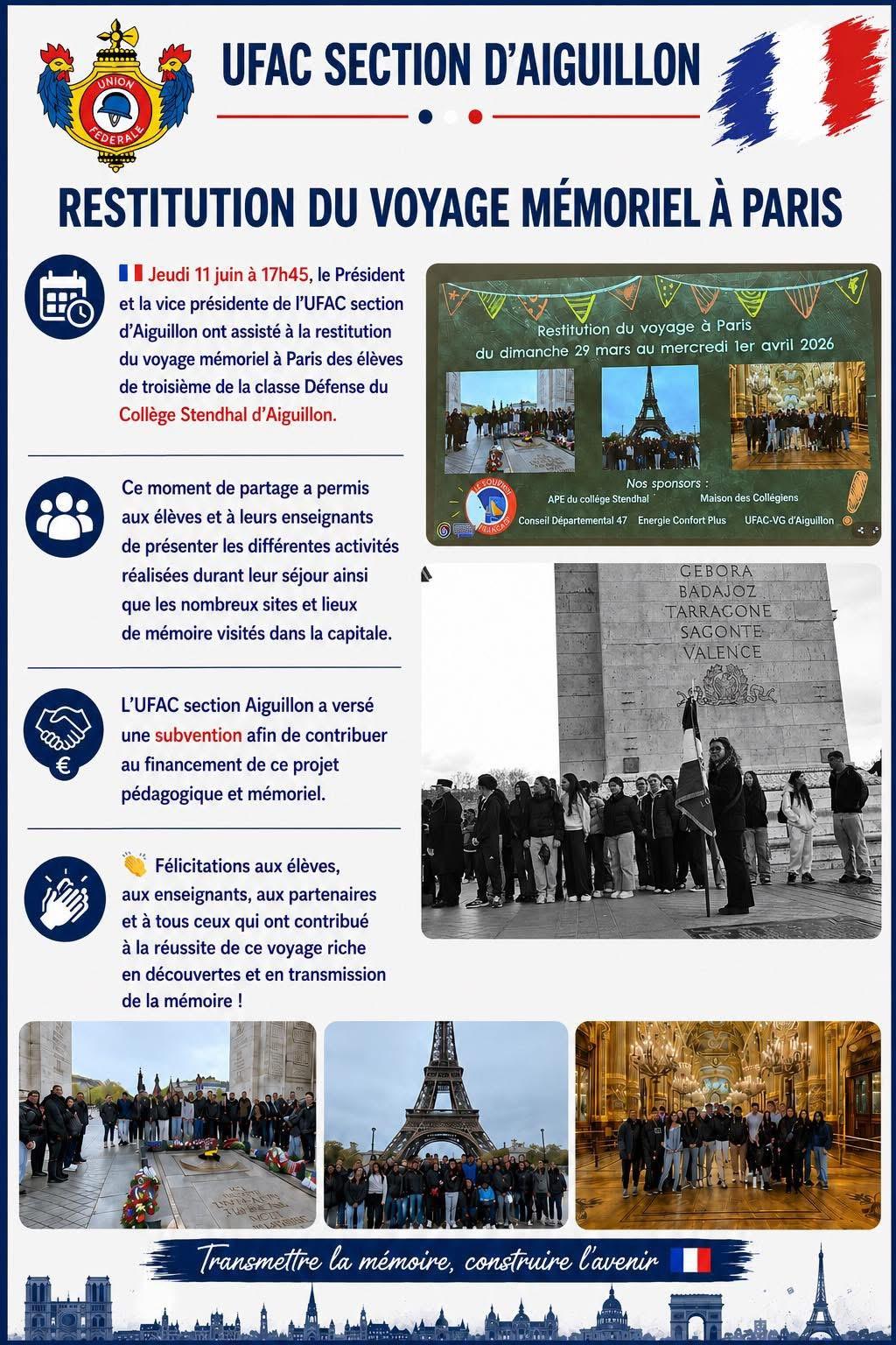 Voyage mémoriel de la classe de 3ème Défense du collège Stendhal Aiguillon
